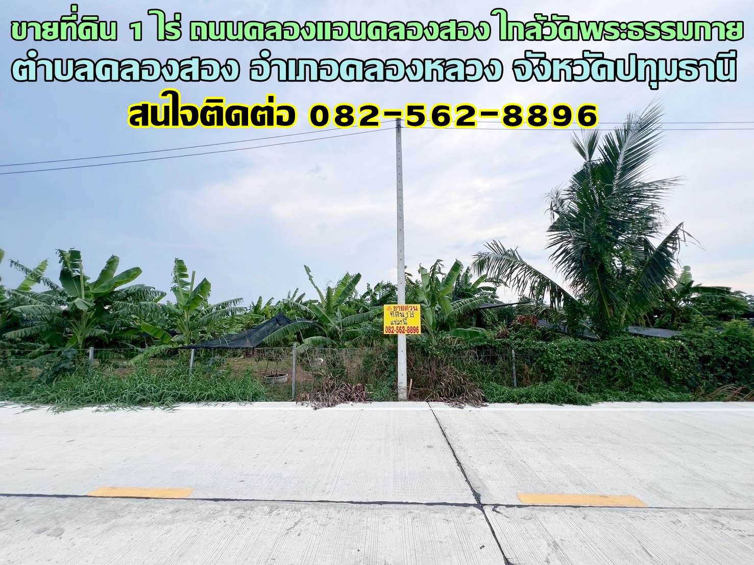 ขายที่ดิน 1 ไร่ ถนนคลองแอนคลองสอง ใกล้วัดพระธรรมกาย คลองหลวง ปทุมธานี